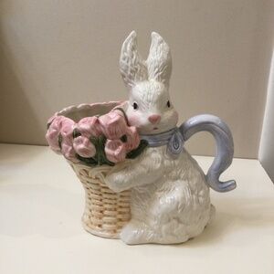 Vintage Sculptural Bunny  Vase With  Handle Easter Spring Flowers White Pink